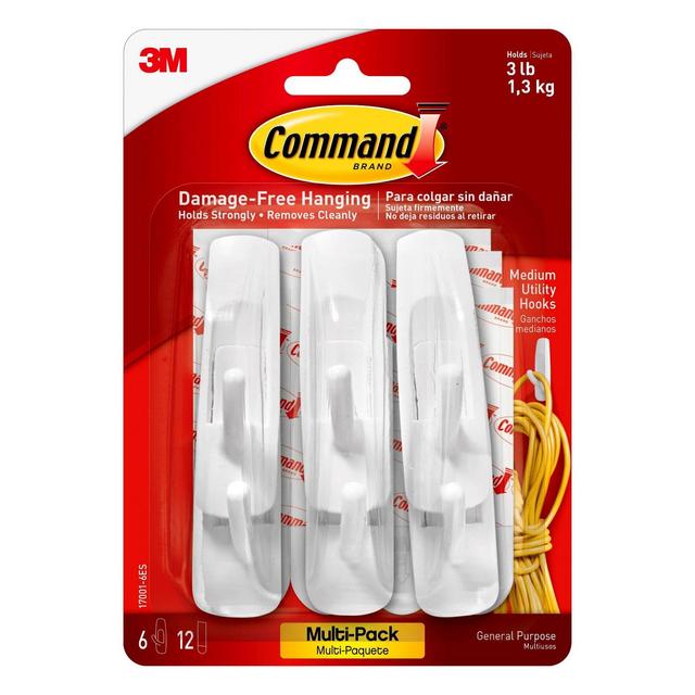 Command Medium Sized Utility Hooks Value Pack (6 Hooks 12 Strips)White