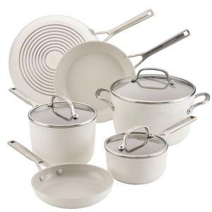 KitchenAid Hard Anodized Ceramic Induction Nonstick Pots and Pans with Saucepans, Frying Pans, Stockpot, and Lids, Dishwasher Safe, 9 Piece Cookware Set with Stainless Steel Handles - Porcelain White