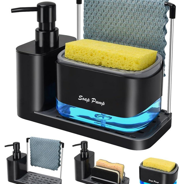 Hand and Dish Soap Dispenser Set with Tray, Dual Soap Dispenser with Sponge Holder and Dishcloth Holder 5-in-1 Organizer for Kitchen Sink Countertop Storage Organize - Useful Kitchen Gadgets (Black)
