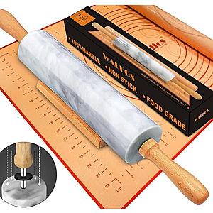 Walfos Marble Rolling Pin Set With Non Stick Silicone Pastry Mat, 16.5 Inch Dough Rolling Pins For Making Pizza, Tortillas And Cookies, Backing Rolling Pin For Pie Crust, Pizza, Pasta (Gray & White)