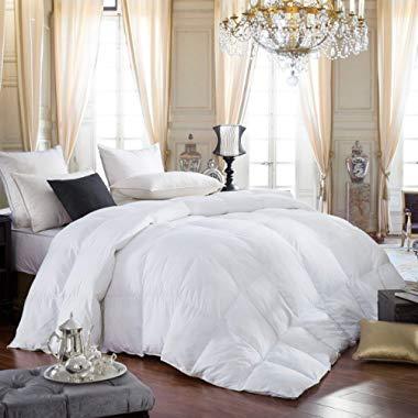 LUXURIOUS Queen Size Siberian GOOSE DOWN Comforter, 600 Thread Count 100% Egyptian Cotton Cover, Solid White Color, 750 Fill Power, 60 Oz Fill Weight, All Season Down Comforter