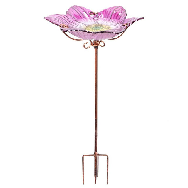 Outdoor Bird Bath Glass Birdbath Garden Birdfeeder with Metal Stake Pink(Height:26inch)