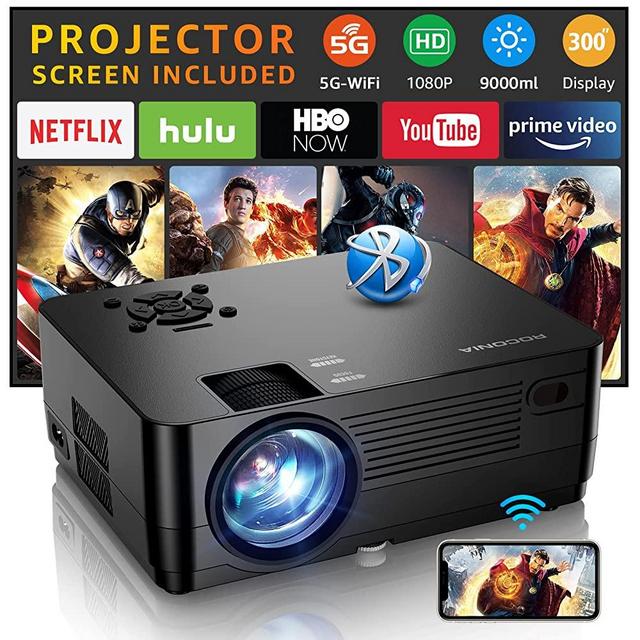 5G WiFi Bluetooth Native 1080P Projector[Projector Screen Included], Roconia 9000LM Full HD Movie Projector, 300" Display Support 4k Home Theater,Compatible with iOS/Android/XBox/PS4/TV Stick/HDMI/USB