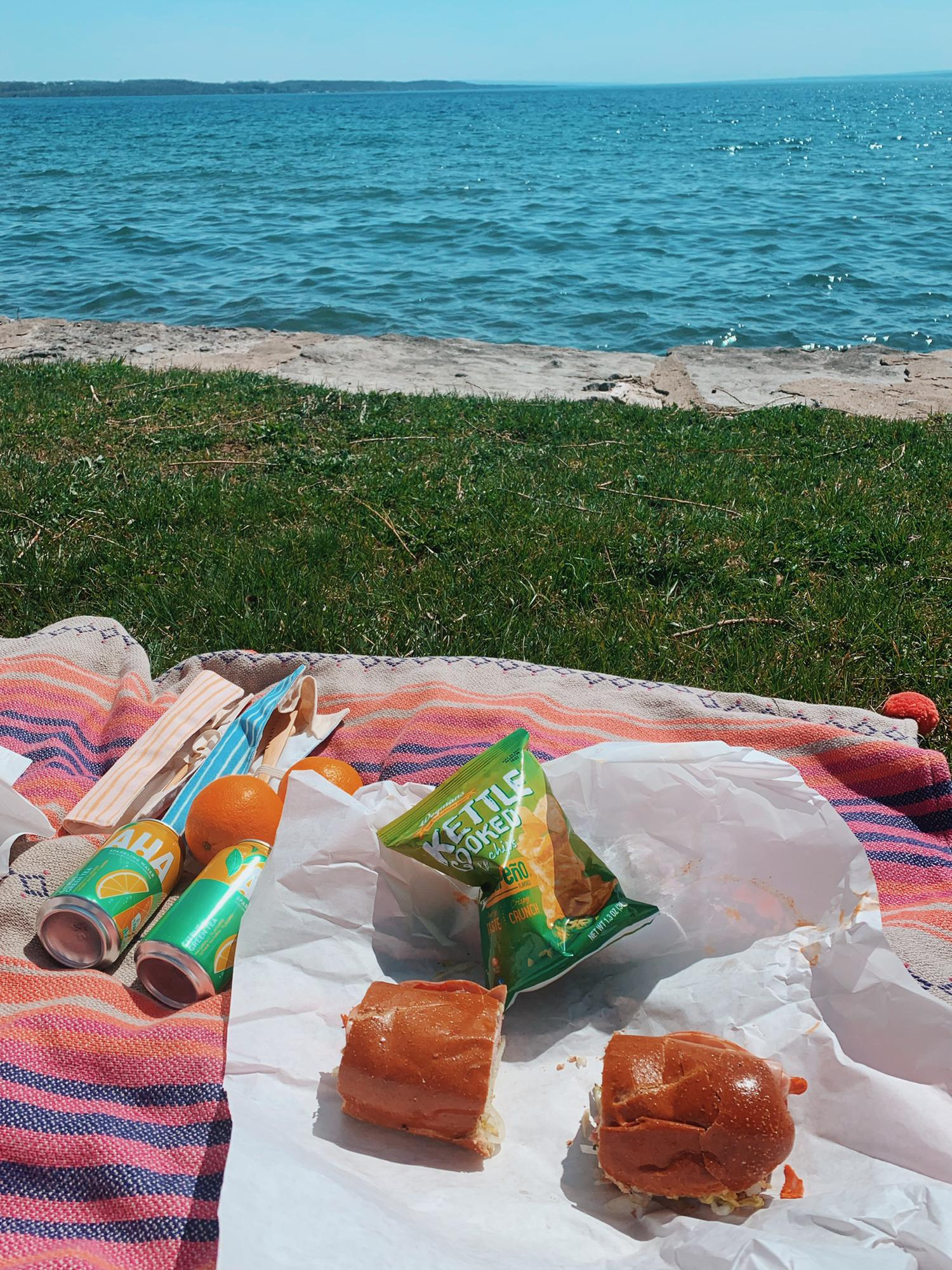 At our favorite park (Geneva, NY) with our all time favorite food to grab when we ar stop busy to cook: Wegmans subs