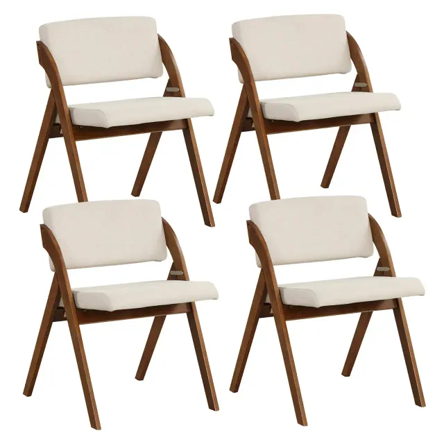 Costway Set of 4 Dining Chairs Folding Kitchen Chair w/ Rubber Wood Legs Padded Seat Walnut & Beige