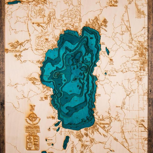 Large Lake Tahoe 3D Wood Map