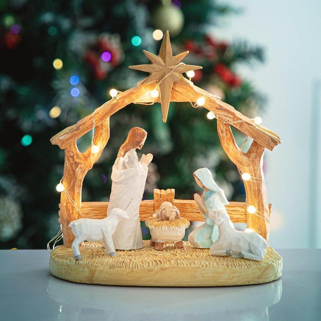 Hotme Nativity Scene with Lights, Sculpted Hand Painted Nativity Figurine, Holy Family Manger Scene Nativity Sets for Christmas Indoor Tabletop Decorations