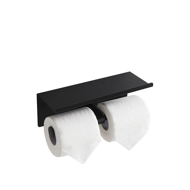 Black Toilet Paper Roll Holder with Shelf Wall Mounted for Bathroom (Black, Double Head)