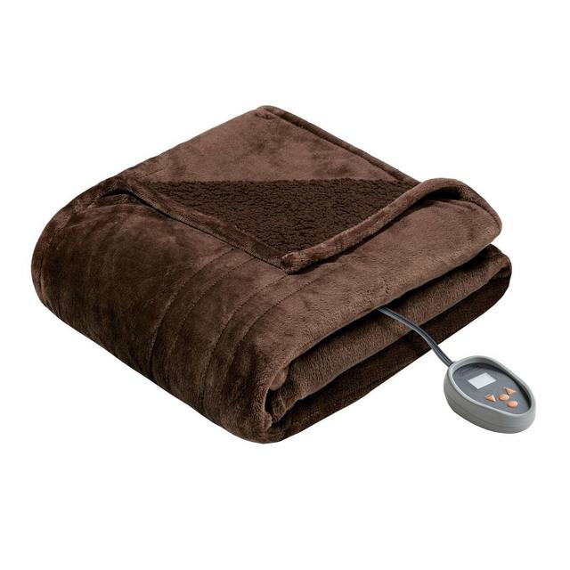 Beautyrest Full Electric Heated Microlight to Berber Bed Blanket Chocolate: Plush Warming Throw, Machine Washable