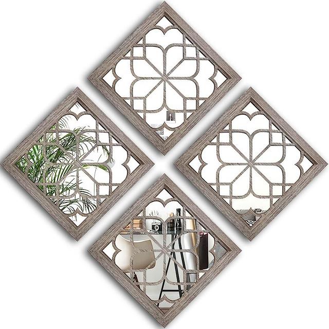 Wocred Set of 4 Mirrors Square Wall Mirror,Gorgeous Rustic Farmhouse Accent Mirror,Barn Wood Color Entry Mirror for Bathroom Renovation,Bedrooms,Living Rooms and More(12”x12”-4pcs)