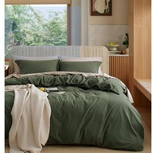 Bedsure 100% Washed Cotton Duvet Cover Queen Size - Olive Green Minimalist Bedding Set Linen Like - PureWoven Plain Simple & Soft Comforter Cover for All Seasons (Olive Green, Queen, 90"x90")