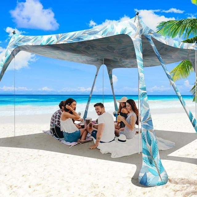 Wabolay Beach Tent Canopy Pop Up Shade 10x10ft Sun Shelter Portable Family UPF50+ with 8 Sandbags-2 Sand Shovel-4 Aluminum Poles-Ground Pegs-Carrying Bag for Outdoor Camping Fishing Backyard Picnic