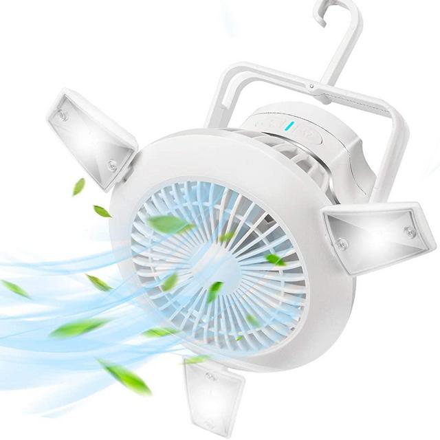 Camping Fan, Rechargeable Tent Fan with Hanging Hook Portable Solar Fan with Light Mini USB Fan Standing Cooling fan Hanging ceiling fan led camp lantern fan Silenced sleep fan Outdoor Indoor