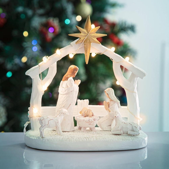 Hotme Nativity Scene with Lights, Sculpted Hand Painted Nativity Figurine, Holy Family Manger Scene Nativity Sets for Christmas Indoor Tabletop Decorations