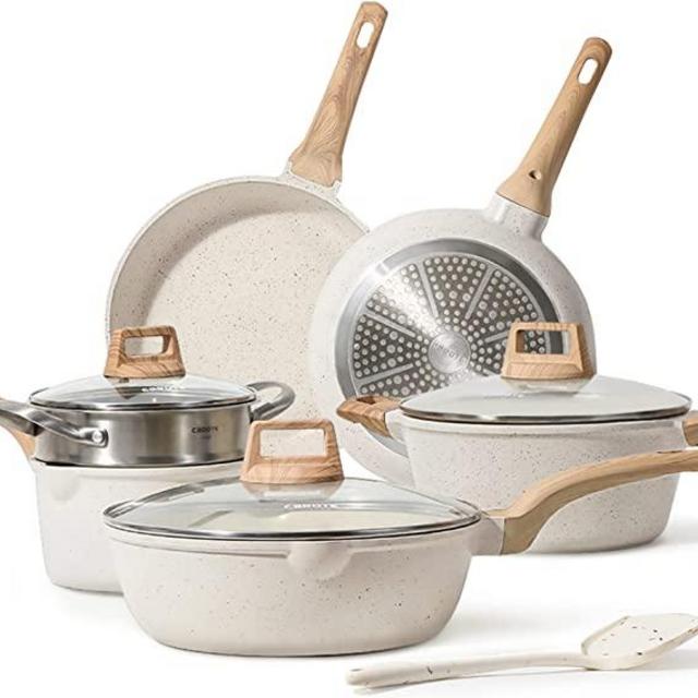 CAROTE Pots and Pans Set Nonstick, White Granite Induction Kitchen Cookware Sets, 10 Pcs Non Stick Cooking Set w/Frying Pans & Saucepans(PFOS, PFOA Free)