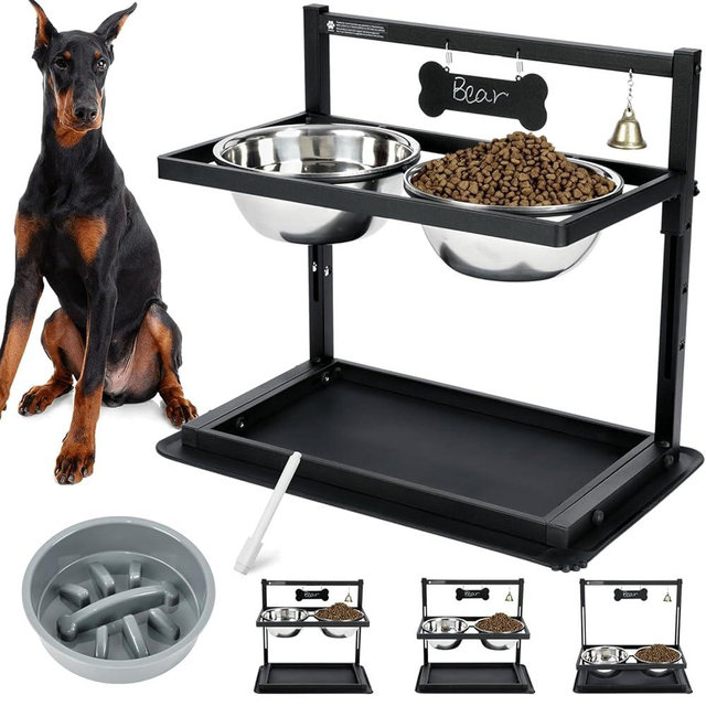 Elevated Dog Bowls with Slow Feeder, Raised Dog Bowl for Large Dogs Adjusable Height with 2 Stainless Steel Dog Food Bowls Spill Proof Mat, Dog Bowls for Large Medium Dogs.(Grey)