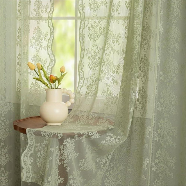 YJ YANJUN Vintage Lace Curtains 72 Inches Long- Floral Pattern Sage Green Sheer Curtain Panels for for Bedroom French Door Sliding Door Boy Girl Baby Boho Net Drapes 6 FT Length W52 x L72 2 Panels