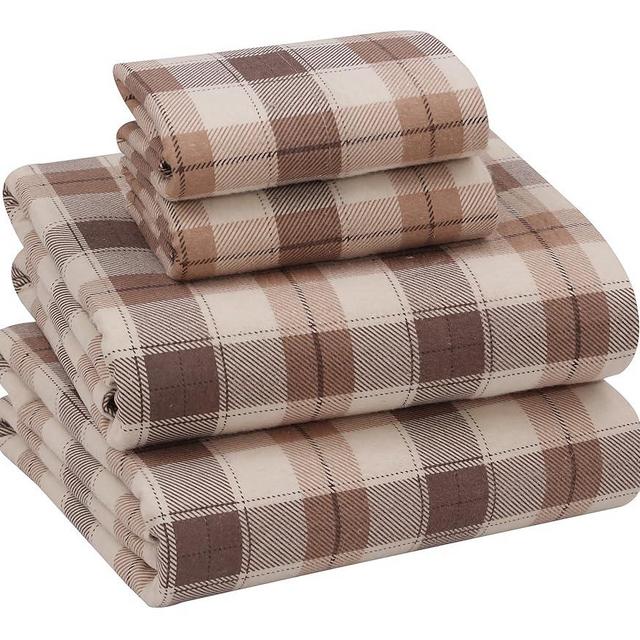 RUVANTI Flannel Sheets King Size - 100% Cotton Brushed King Size Sheets Set - Deep Pockets 16 Inches Bed Sheets - All Seasons Breathable & Extra Soft - Warm & Cozy, 4 Piece, Beige & Grey Plaid
