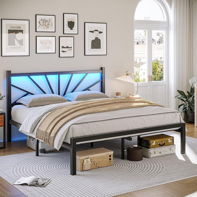 Homkdom Metal Bed Frame Queen Size with Headboard, Queen Bed Frame with LED Lights, Strong Metal Slats Support, Noise Free, No Box Spring Needed, Black