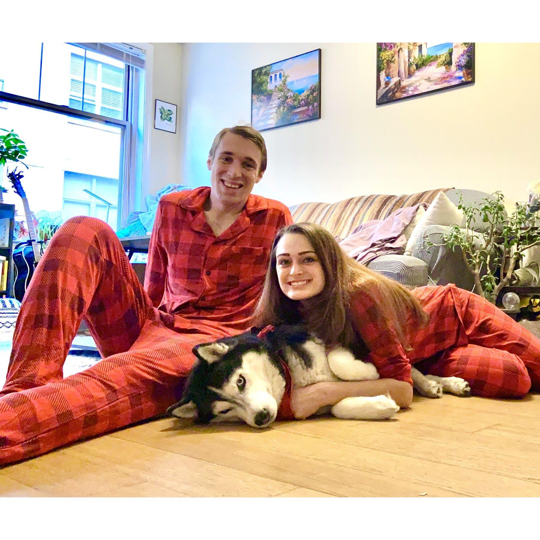 Our first Christmas together during the pandemic in 2020 (during which Jenn worked a 12 hour shift on a Covid unit in the hospital, but at least Nick had Juno to keep him company).