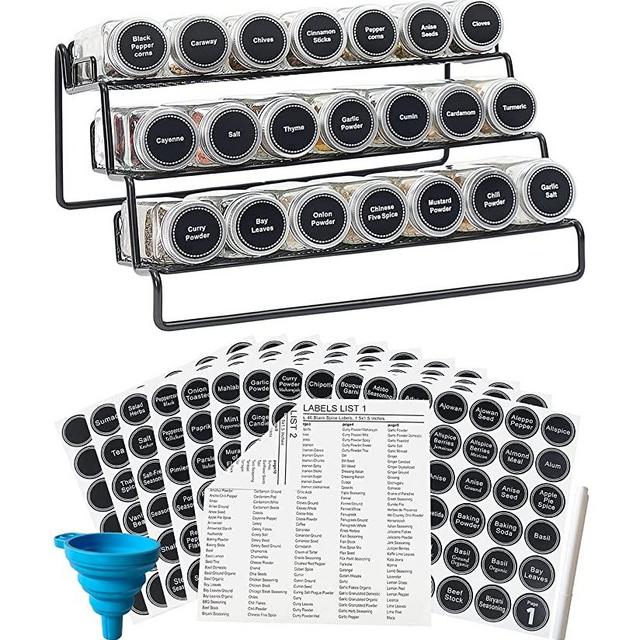 3 Tier Cabinet Spice Rack Organizer with 21 Empty Glass Spice Jars (4oz), 386 Spice Labels, Chalk Marker and Funnel for Pantry Cupboard or Countertop, Black