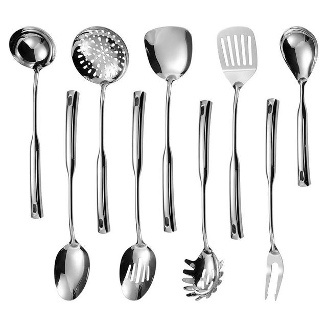 304 Stainless Steel Cooking Utensils Set, 9PCS Kitchen Utensils Set, Include Skimmer, Soup Ladle, Spaghetti Server, Wok Spatula, Slotted & Solid Spoon, Slotted Spatula Turner, Meat Fork & Rice Ladle