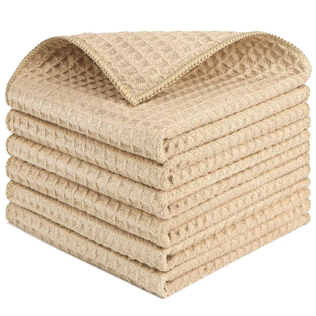 HOMEXCEL Waffle Weave Microfiber Cleaning Cloth, 6 Pack Highly Absorbent Cleaning Rag for Household, Reusable Kitchen Towels, Scratch-Free Barista Towels, 12 x 12 Inches, Brown