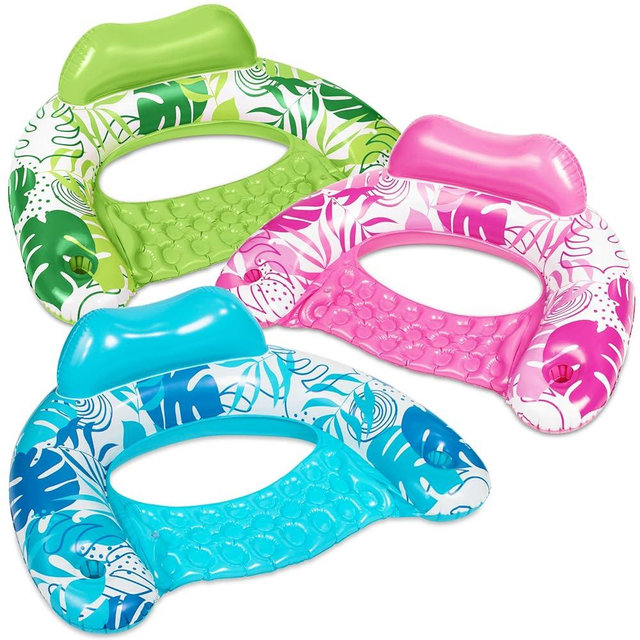 SLOOSH Inflatable Pool Floats Adult, 3 Pack Pool Chairs with Cup Holders,Blow up Floats Chair,Hammock Noodle Mat Leaves Design for Relaxing Summer Water Fun Swimming Party Beach,Blue, Green, Pink