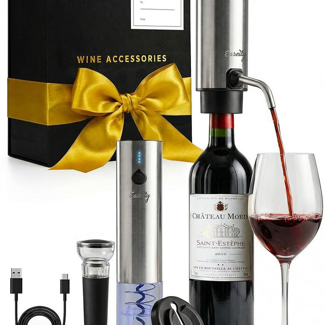 Electric Wine Opener Gift Set — Rechargeable All-in-One Wine Accessories Kit with Automatic Bottle Opener, Foil Cutter, Vacuum Stopper, Aerator & Dispenser — Best Wine Lover Gifts for Women & Men