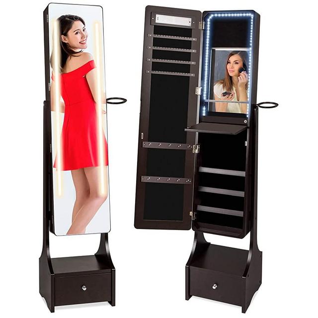Best Choice Products Full Length Standing LED Mirror, Jewelry & Makeup Storage Cabinet Armoire w/ Interior & Exterior Lights, Lockable Magnet Door, Touchscreen, Velvet Lining, Shelves, Drawer - Brown