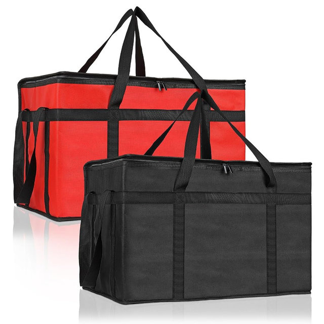 PEASUG 2 Pcs Insulated Bags for Food Delivery, XXXL Pizza Delivery Bags, Large Capacity Cooler Bag Keep Food Warm for Grocery Shopping and Catering, Foldable, Heavy-Duty (Red+ Black)