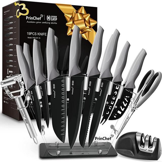 PrinChef Kitchen Knife Set, 19 Pcs Dishwasher Safe Knife Set with Acrylic Stand, High Carbon Stainless Steel Knife Sets with Sharpener, Scissors and Peeler, Coated with Nonstick Coating (Black)