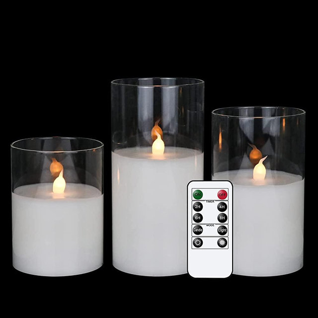 GenSwin Clear Glass Battery Operated Flameless Led Candles with 10-Key Remote and Timer, Real Wax Candles Warm White Flickering Light for Home Decoration(Set of 3)