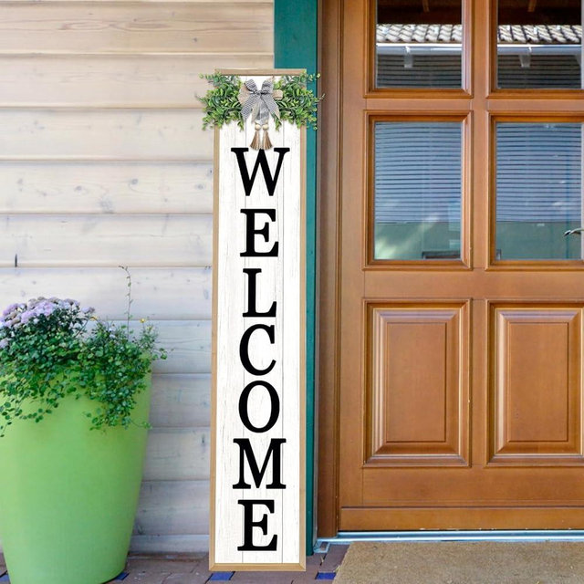SRSZHIYUE Welcome Sign for Front Porch Standing 45"X9" Large Vertical Farmhouse Outside Front Door Sign Leaner Tall Vintage Outdoor Wreath Patio Garden Wood Framed Decorations (Wood White)
