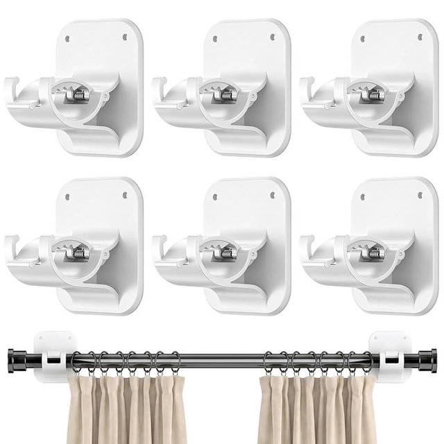 No Drill Curtain Rod Brackets - 20LB, 6 Pack Self Adhesive Curtain Rod Holder, Peel and Stick Wall Hooks, Renter Friendly Upgrades for Apartment, Kitchen, Bathroom, Dorm, Living Room and RV