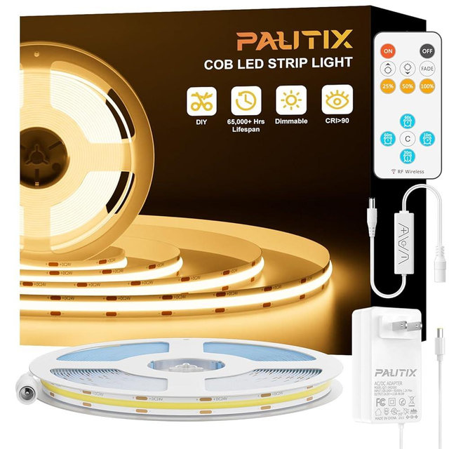 PAUTIX COB LED Strip Light 16.4ft/5m 2400LEDs Warm White 2700K,CRI93+ Super Bright High Lumen,Dimmable 24V Flexible LED Tape Light with RF Remote,24V 48W Power Supply,for Home&Office DIY Lighting
