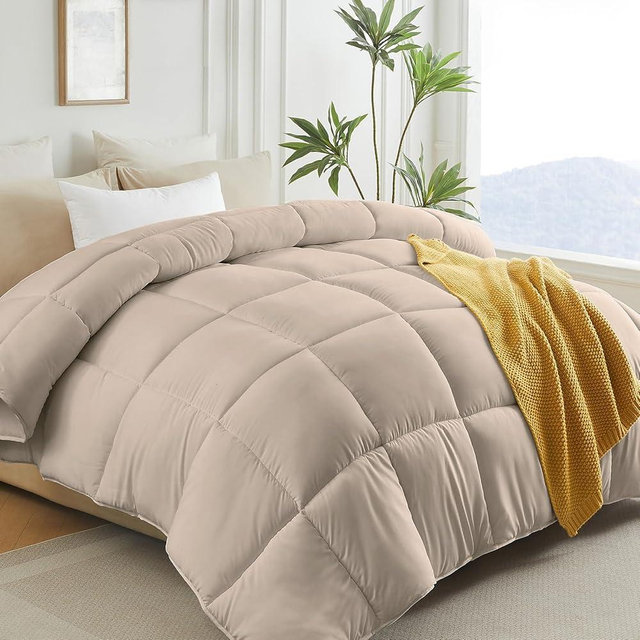 L LOVSOUL Down Alternative Queen Comforter Duvet Insert,All Season Duvet Insert with Corner Tabs,Beige Comforter Queen Size 90x90Inches