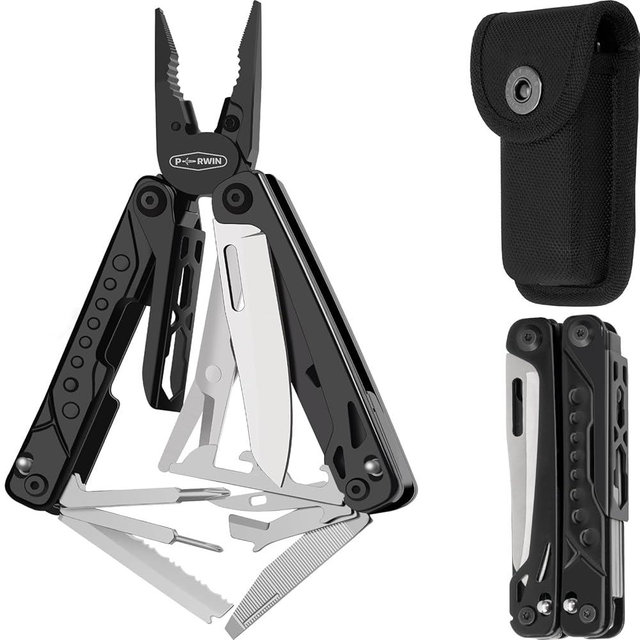 PERWIN Multitool, 20-in-1 Stainless Steel Multi Tools Pliers with Nylon Sheath, Safe Locking, Professional Multi-Tool for Survival, Camping and Hunting, Black