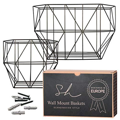 Scandinavian Hub Wall Hanging Fruit Basket - Farmhouse Wall Mounted Fruit Basket Set (of 2 Black) for use as Fruit or Produce Basket, Wall Planter, Wall Organizer Unit/Wire Baskets for Pantry