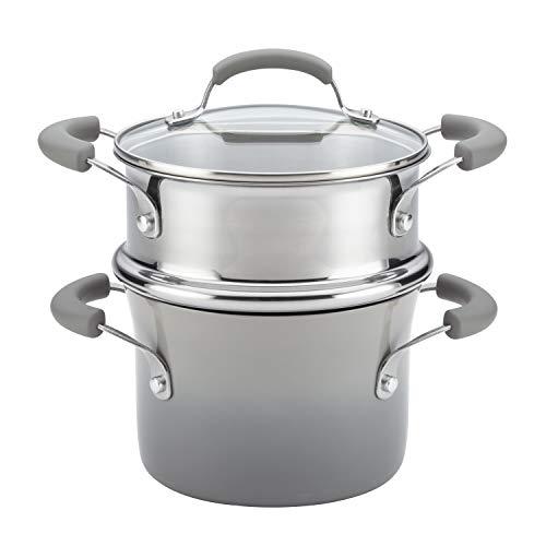 Rachael Ray Classic Brights Nonstick Sauce Pot and Steamer Insert Set, 3-Quart, Sea Salt Gray Gradient