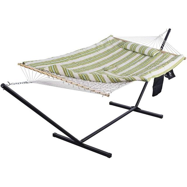 SUNCREAT Cotton Rope Hammock for Two People with Thick Hardwood Spreader Bars, Quilted Fabric Pad & Detachable Pillow, Extra Large Indoor/Outdoor Hammock with 12 FT Steel Stand, Ipad Bag & Cup Holder…