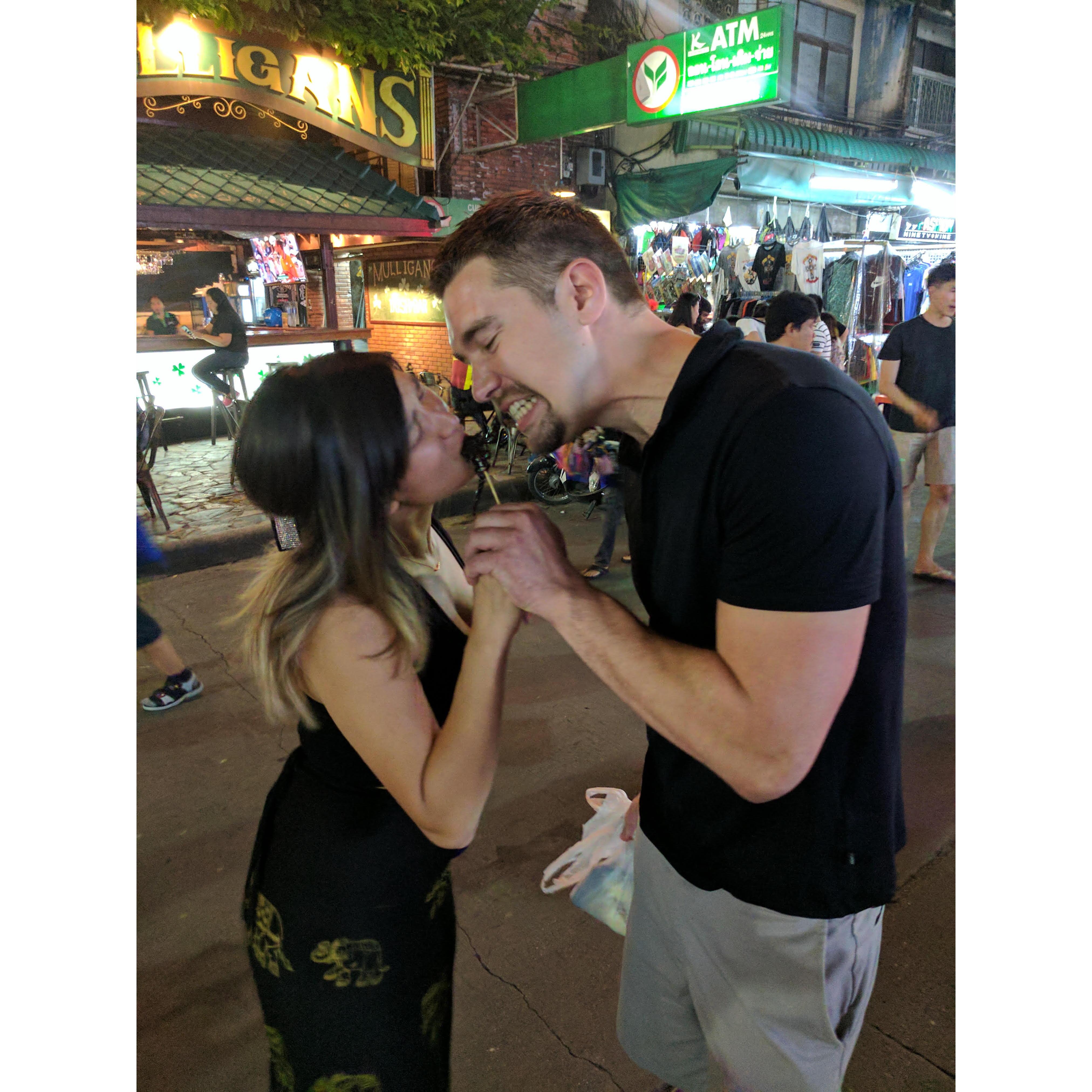 Here in Thailand, when we were given a challenge to eat a scorpion on a stick. Do you see how competitive we are?!