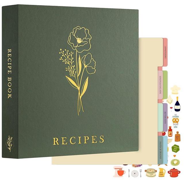 Lanpn Recipe Binder 8.5x11 3 Ring Kit, Waterproof Organizer Binder with 60 Plastic Sleeves,116 Recipes, Dividers,Labels & Stickers, Blank Recipe Book to Write in Your Own Recipes, Green