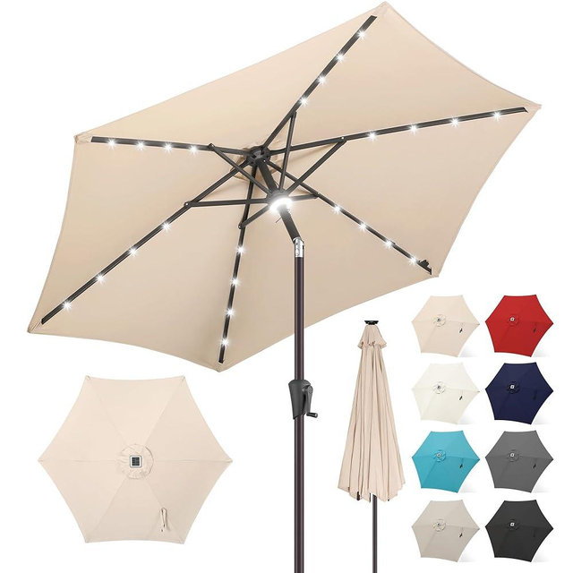 FLAME&SHADE 7.5 ft Solar Powered Outdoor Market Patio Table Umbrella with LED Lights and Tilt, Beige