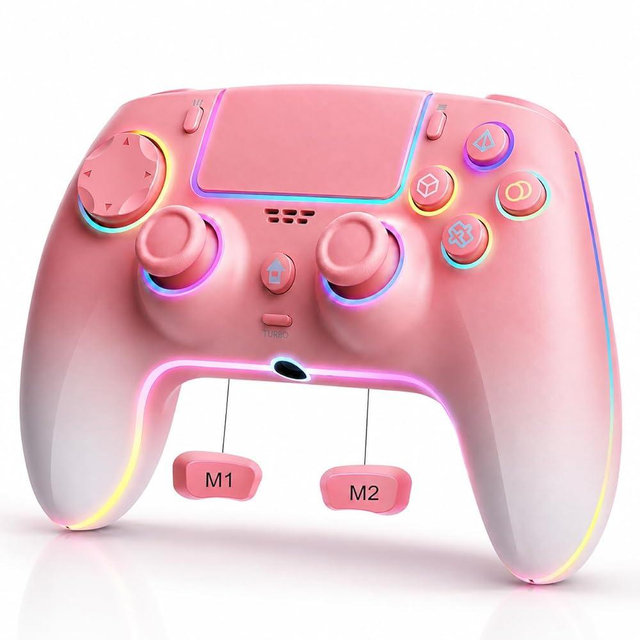 JUNHUAN Pink White Wireless Pro for PS5 Controller with Hall Effect joystick /Back Paddles/Motion Sensor/TURBO/Cool RGB/3.5mm Audio Jack - Built-in Speakers Support P-S5 Console Audio, Compatible with PlayStation 5/PC/Mac/iOS/Android/Steam Deck (Pink)