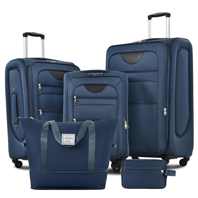 Merax Softside Luggage Set, 5 Piece Expandable Travel Suitcase Set with Spinner Wheels and TSA Lock,22" 26" 30"(Dark Blue)