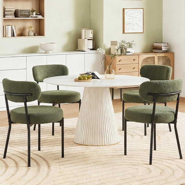 DUMOS Dining Chairs Set of 4, Mid Century Modern Chair Round Upholstered Curved Backrest, Kitchen Vanity Living Room Chairs with Black Metal Legs, Green