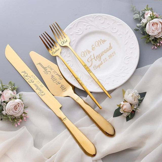 Gold Wedding Cake Server Set: Stainless Steel Knife & Porcelain Plate