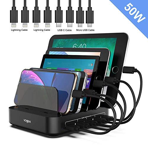 Charging Station, Vogek 5-Port 50W 10A USB Charging Station with 8 Short Mixed Cables for Cell Phones, Smart Phones, Tablets, Multiple Device-Black