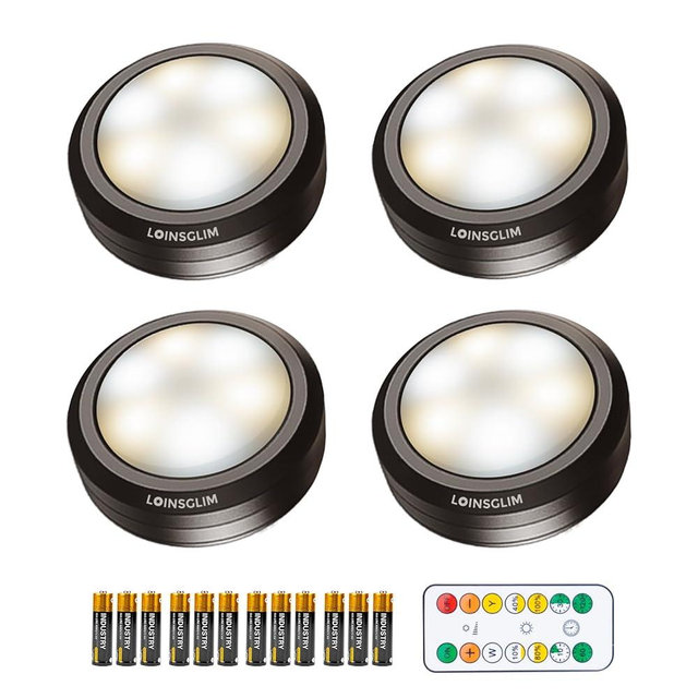 LOINSGLIM Puck Lights with Remote Control, Wireless LED Puck Light for Kitchen,Battery Operated Under Cabinet Lights, Under Counter Lighting Dimmable, Stick On Lights for Closet Black (4pack)